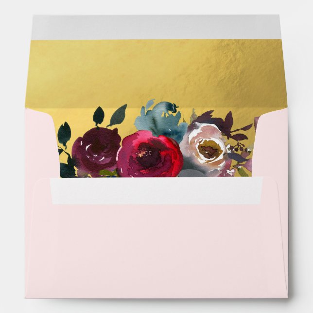 Painted Watercolor Floral Pink Burgundy Wedding Envelope (Back (Bottom))