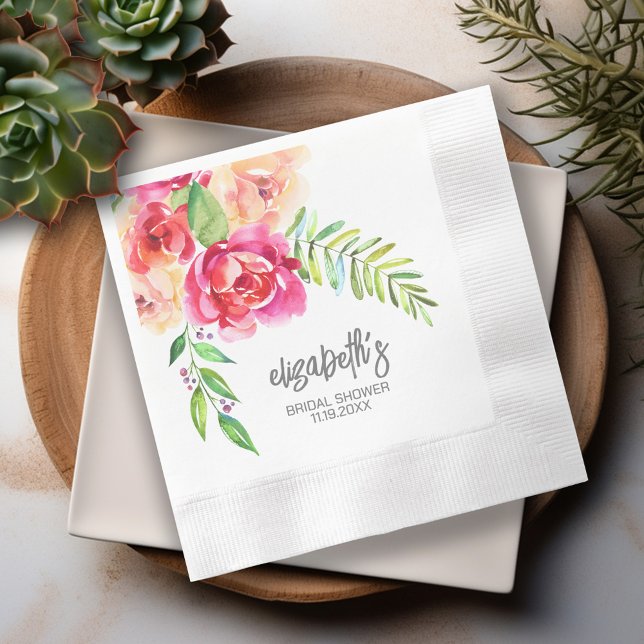 Painted Watercolor Flowers Bridal Shower Napkins (Personalized Bridal Shower napkins - watercolor flower bouquet)