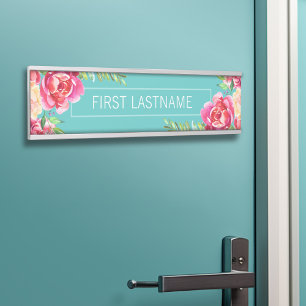 Painted Watercolor Flowers Calligraphy Name Door Sign