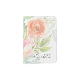 Painted Watercolor Flowers Calligraphy Name Passport Holder