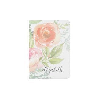 Painted Watercolor Flowers Calligraphy Name Passport Holder