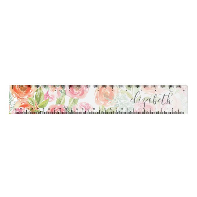 Painted Watercolor Flowers Calligraphy Name Ruler (Front)