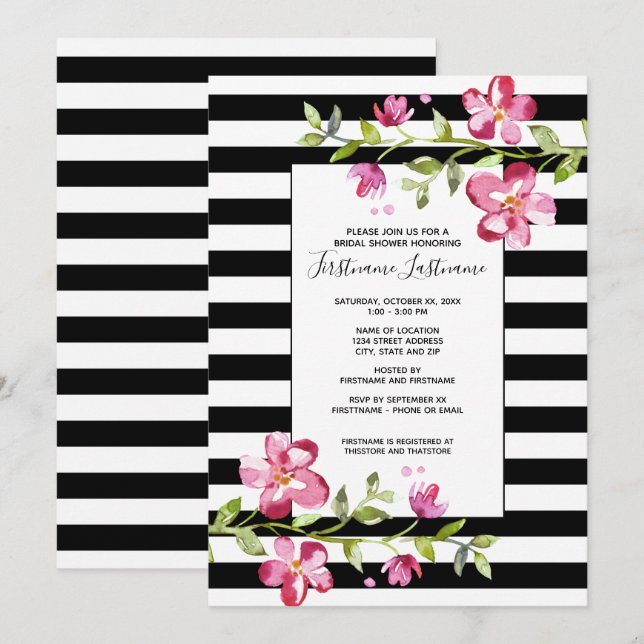 Painted Watercolor Flowers Stripes Bridal Shower Invitation (Front/Back)