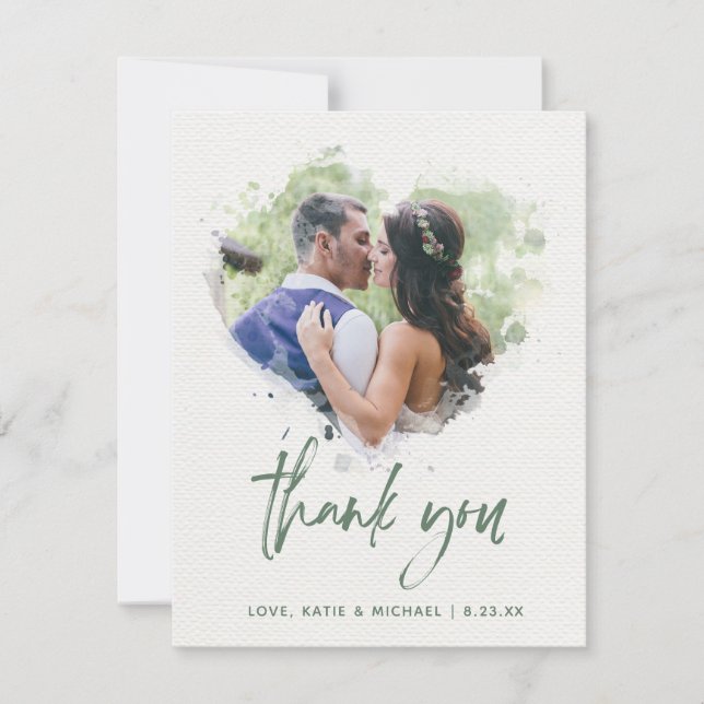 Painted Watercolor Heart Wedding Photo Script Thank You Card (Front)