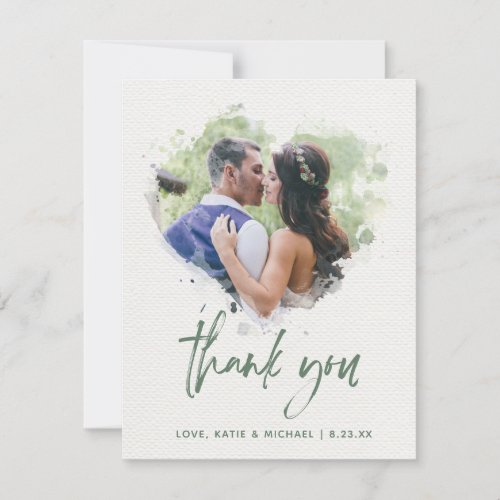 Painted Watercolor Heart Wedding Photo Script Thank You Card