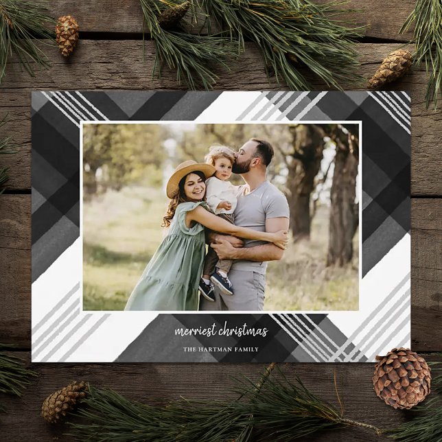 Painted Watercolor Plaid Black Christmas Photo   Holiday Card (Creator Uploaded)