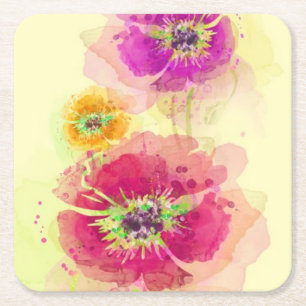 Painted watercolor poppies 2 square paper coaster