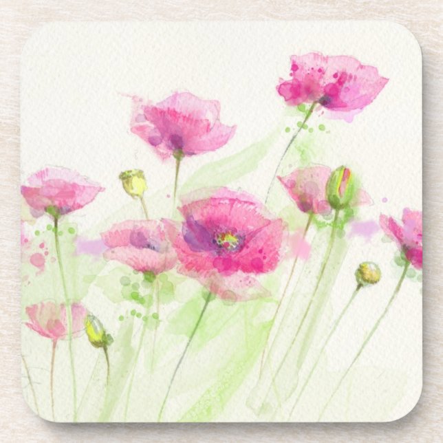 Painted watercolor poppies 3 beverage coaster (Front)