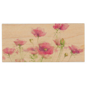 Painted watercolor poppies 3 wood USB flash drive