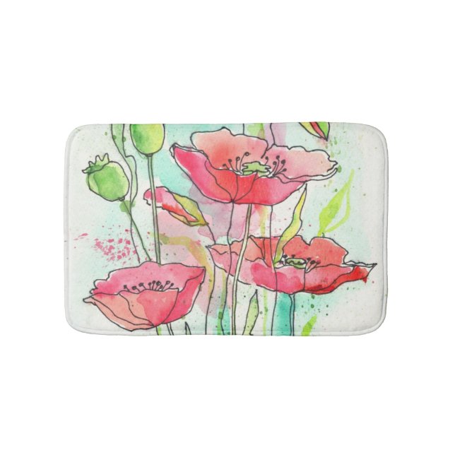 Painted watercolor poppies bath mat (Front)