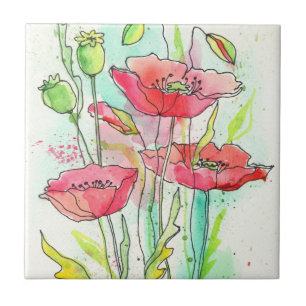 Painted watercolor poppies ceramic tile