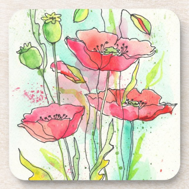 Painted watercolor poppies drink coaster (Front)