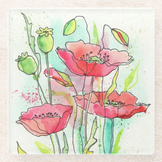 Painted watercolor poppies glass coaster (Front)