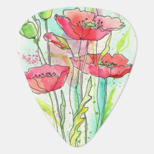 Painted watercolor poppies guitar pick