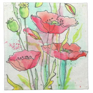 Painted watercolor poppies napkin