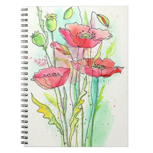 Painted watercolor poppies notebook