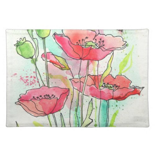 Painted watercolor poppies placemat
