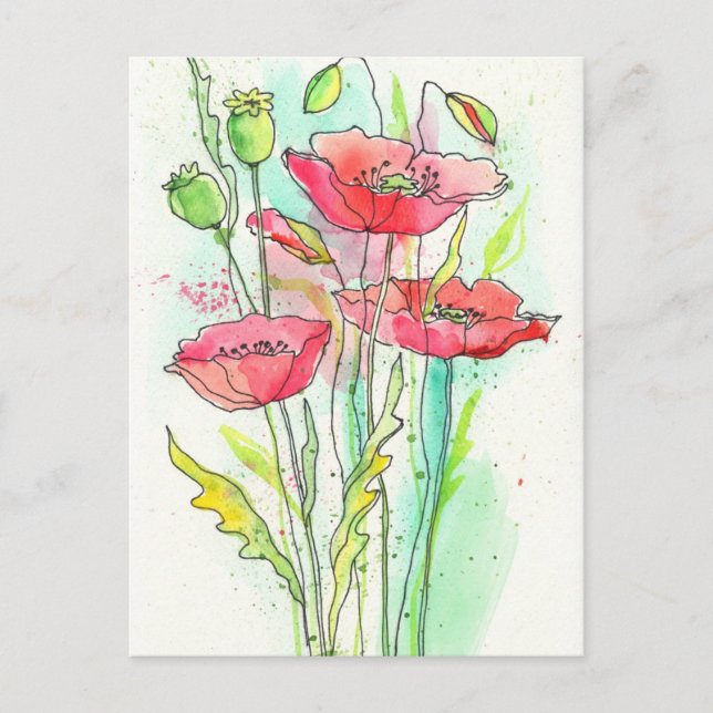 Painted watercolor poppies postcard (Front)