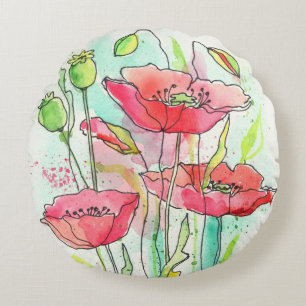 Painted watercolor poppies round pillow