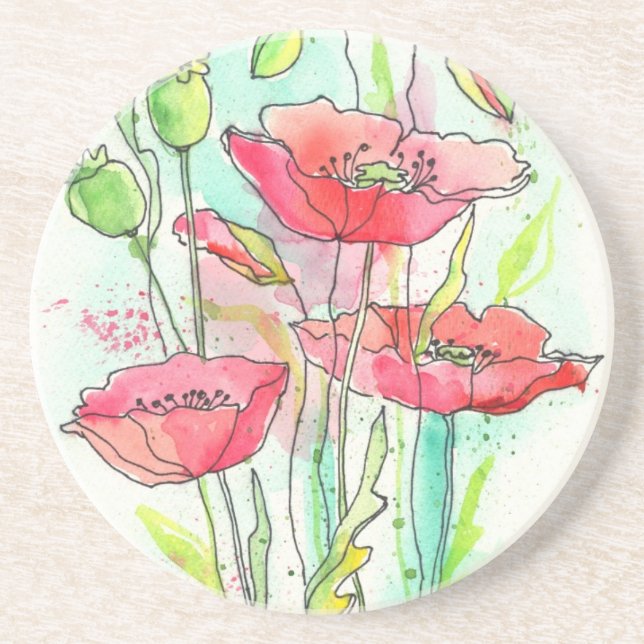 Painted watercolor poppies sandstone coaster (Front)