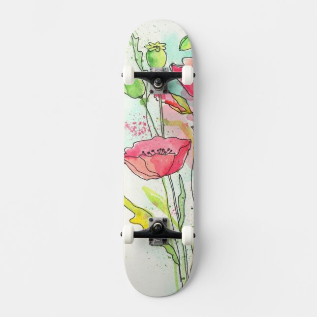 Painted watercolor poppies skateboard deck (Front)
