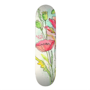 Painted watercolor poppies skateboard deck