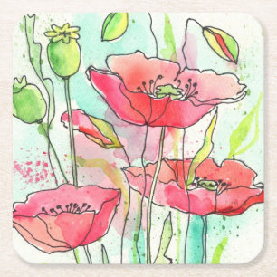Painted watercolor poppies square paper coaster