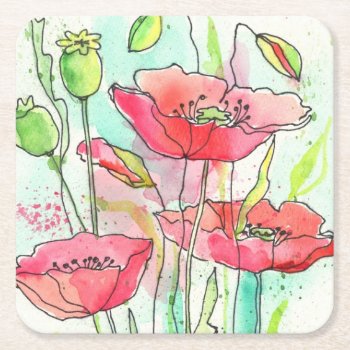 Painted Watercolor Poppies Square Paper Coaster by watercoloring at Zazzle