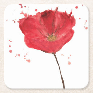 Painted watercolor poppy flower 2 square paper coaster