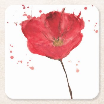 Painted Watercolor Poppy Flower 2 Square Paper Coaster by watercoloring at Zazzle