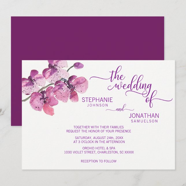 Painted Watercolor Purple Floral Orchids Wedding Invitation (Front/Back)