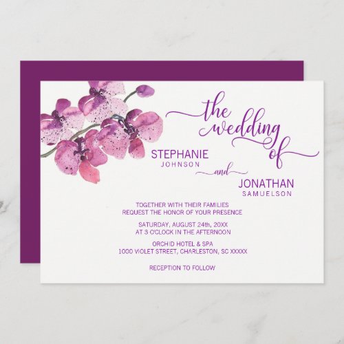 Painted Watercolor Purple Floral Orchids Wedding Invitation