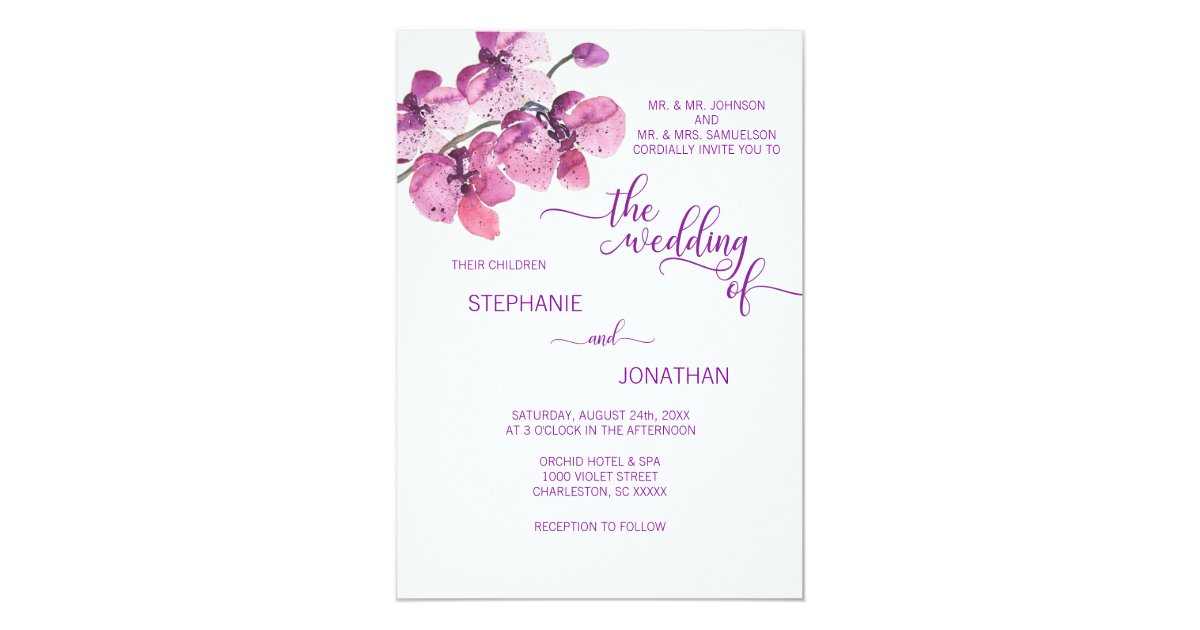 Painted Watercolor Purple Floral Orchids Wedding Invitation Zazzle Com