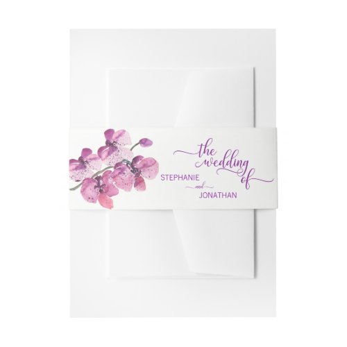 Painted Watercolor Purple Floral Orchids Wedding Invitation Belly Band