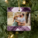 Painted Watercolor Purple Plaid Christmas Photo  Ceramic Ornament<br><div class="desc">Create the perfect family keepsake with this stylish Christmas photo ornament, featuring hand painted watercolor plaid in plum purple (diagonally oriented on the ornament). There's a photo template on both the front and the back of the ornament and text templates for easy personalization. For design or product inquiries, please contact...</div>