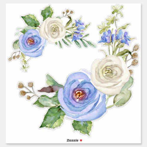 Painted Watercolor Sky Blue and White Rose Floral Sticker