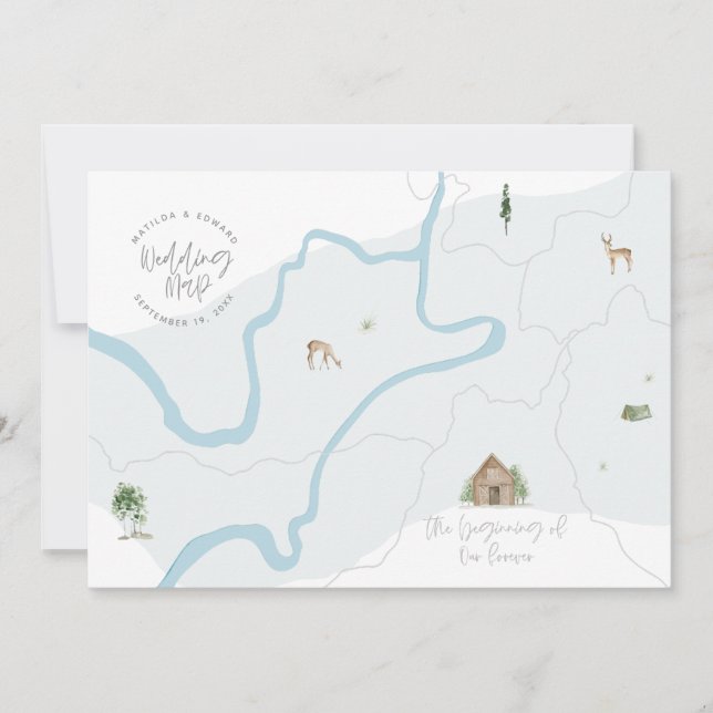 Painted watercolour wedding map invitation (Front)