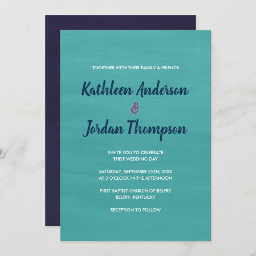 Painted Wedding Invite Turquoise Navy Blue  Pink