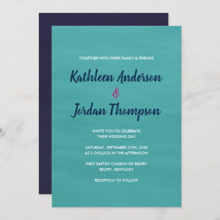Painted Wedding Invite Turquoise, Navy Blue   Pink