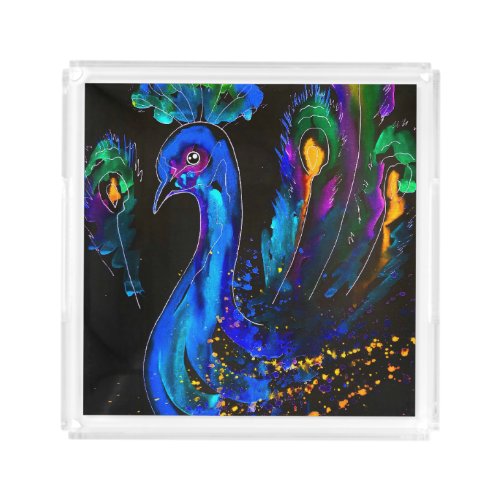 Painted Whimsical Peacock Acrylic Tray