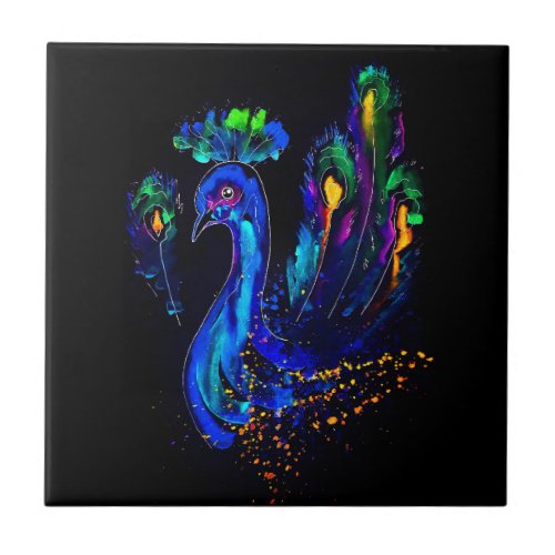 Painted Whimsical Peacock Ceramic Tile