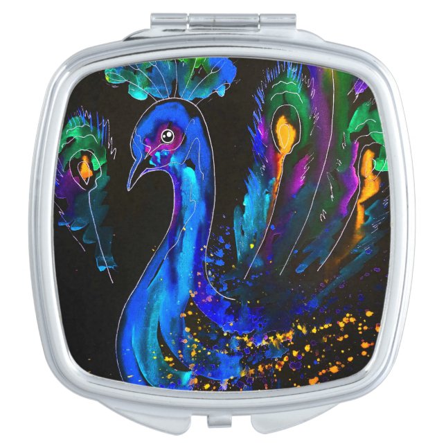 Painted Whimsical Peacock Compact Mirror (Front)