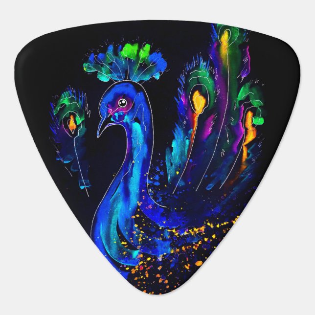 Painted Whimsical Peacock Guitar Pick (Front)