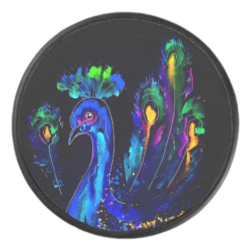 Painted Whimsical Peacock Hockey Puck