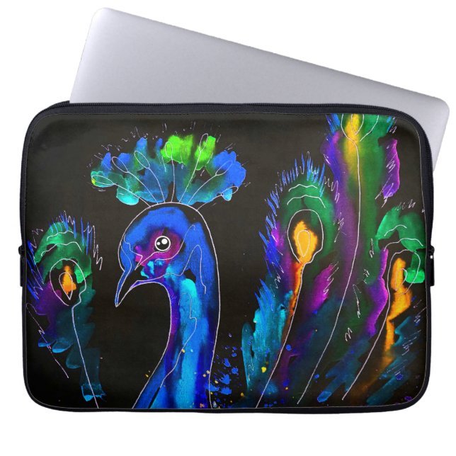 Painted Whimsical Peacock Laptop Sleeve (Front)