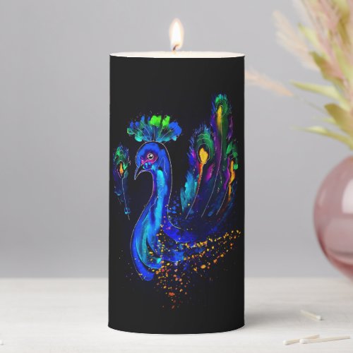 Painted Whimsical Peacock Pillar Candle