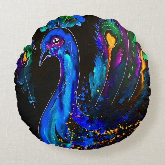 Painted Whimsical Peacock Round Pillow (Front)
