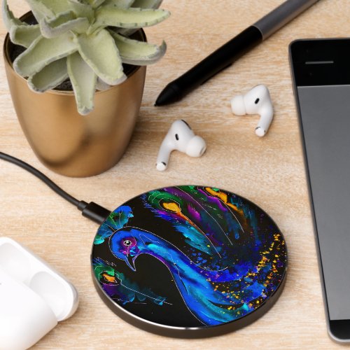 Painted Whimsical Peacock Wireless Charger