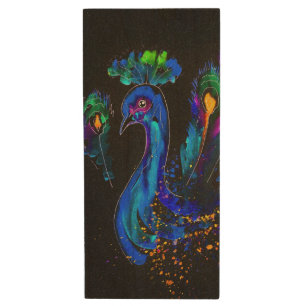 Painted Whimsical Peacock Wood Flash Drive
