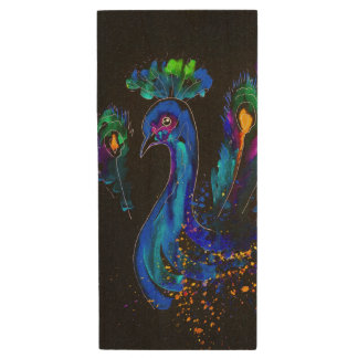 Painted Whimsical Peacock Wood Flash Drive